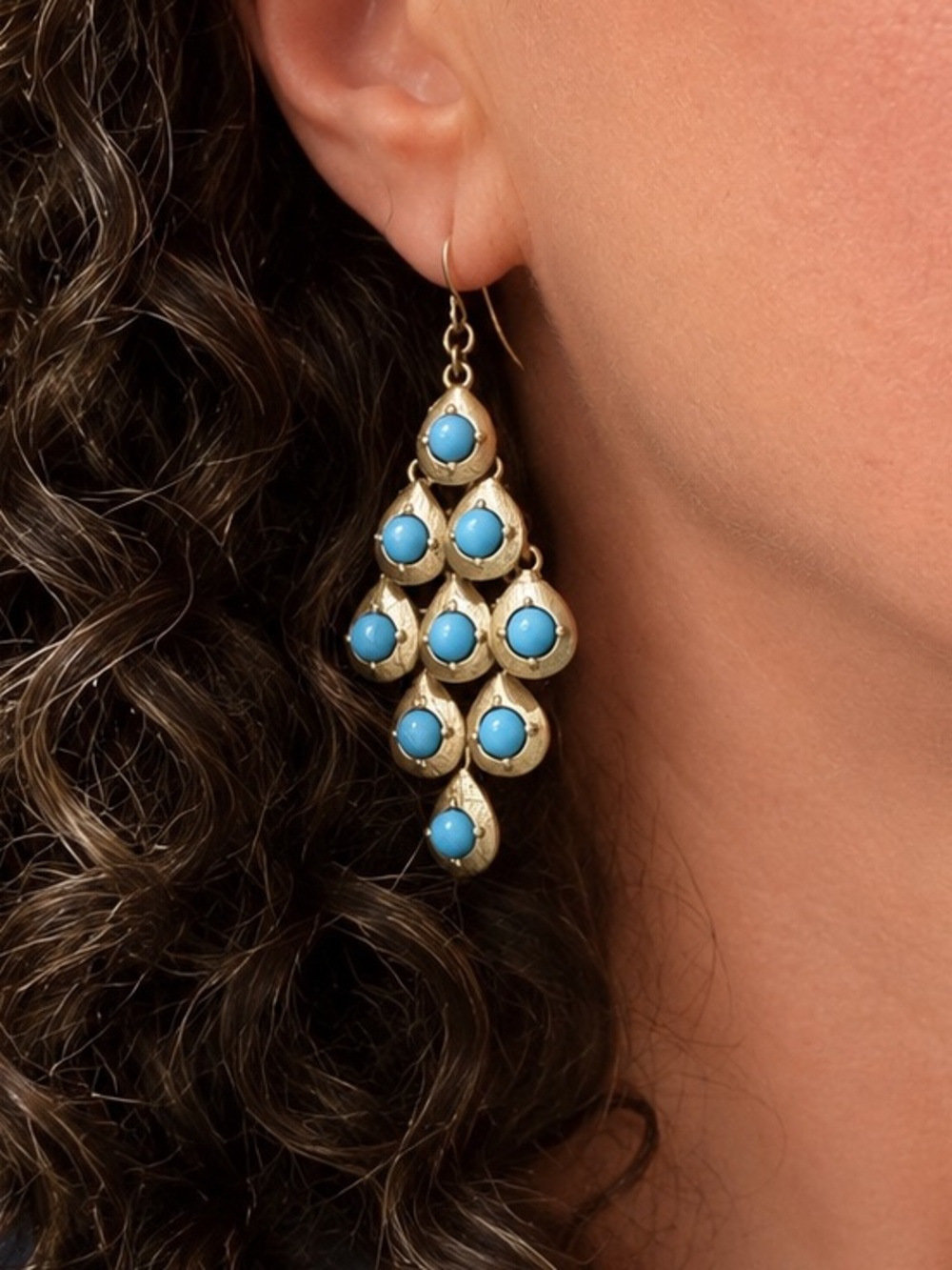 Gold-Tone Chandelier Earrings with Blue Cabochons